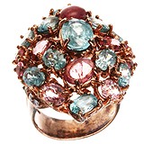 Женское серебряное кольцо с топазами, турмалинами и сапфирами в позолоте, 1607890