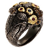 Женское серебренное кольцо с цитринами, рубинами и сапфирами в позолоте, 1607891