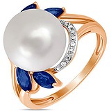 Женское золотое кольцо с бриллиантами, сапфирами и культив. жемчугом, 1691603