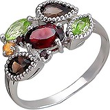 Женское серебряное кольцо с гранатами, раухтопазами, хризолитами и цитрином, 1611220