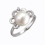 Женское серебряное кольцо с культив. жемчугом и куб. циркониями, 1638868