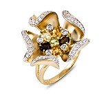 Женское золотое кольцо с бриллиантами и полудрагоценными камнями, 000725