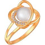 Женское серебряное кольцо с куб. циркониями и культив. жемчугом в позолоте, 1665494