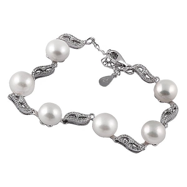 Жіночий Срібний браслет з перлами і куб. цирконіями