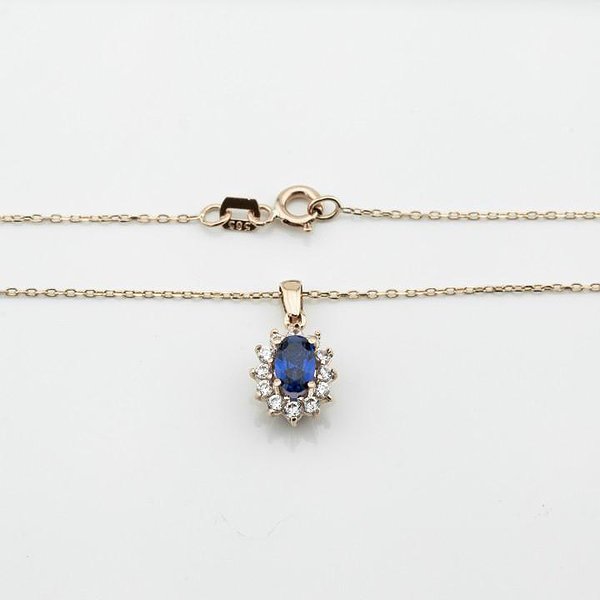 Золотой кулон с цепочкой с куб. циркониями и синт. сапфиром