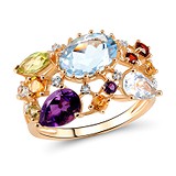 Золотое кольцо с бриллиантами, цитринами, гранатами, перидотами, аметистами и топазами