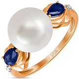 Женское золотое кольцо с бриллиантами, сапфирами и культив. жемчугом, 1639912