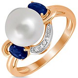 Женское золотое кольцо с бриллиантами, сапфирами и культив. жемчугом, 1639917