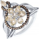 Женское золотое кольцо с бриллиантами, аметистом и кварцами, 1654005
