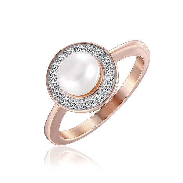 Женское серебряное кольцо с искусств. жемчугом и куб. циркониями в позолоте