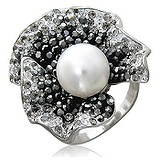 Женское серебряное кольцо с кристаллами Swarovski и культив. жемчугом, 1644790