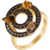 Женское золотое кольцо с бриллиантами, цитрином, раухтопазом и тигровым глазом, 1646839