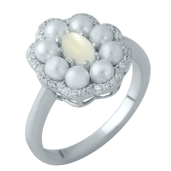 Женское серебряное кольцо с куб. циркониями, перламутром и искусств. жемчугом