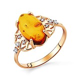 Женское золотое кольцо с куб. циркониями и янтарем, 1513979