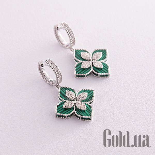 

Серьги с подвесками Украина, Серебряные серьги с куб. циркониями и синт. малахитами